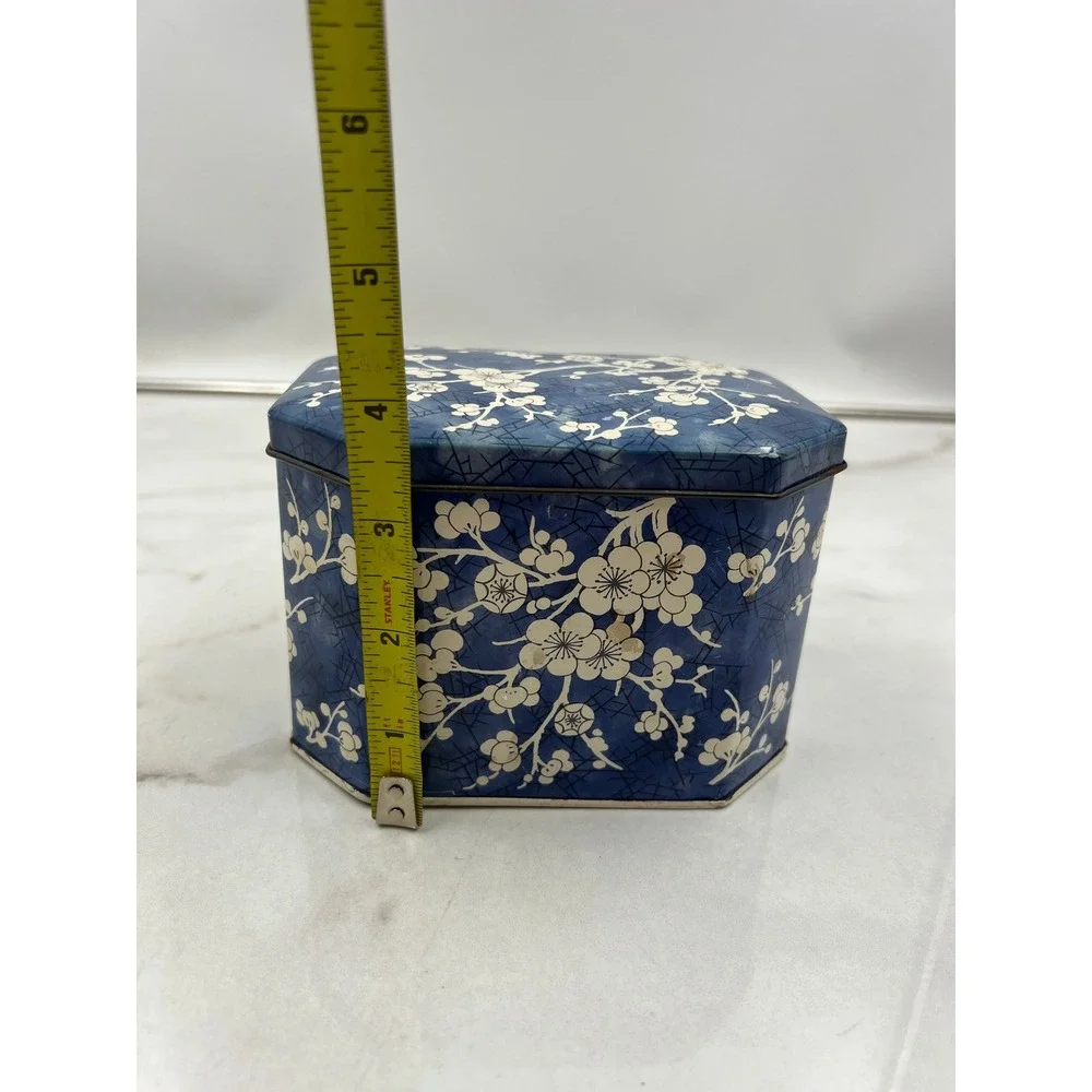 Vintage Daher Tin Container Blue Crackle White Floral Cherry Blossom England